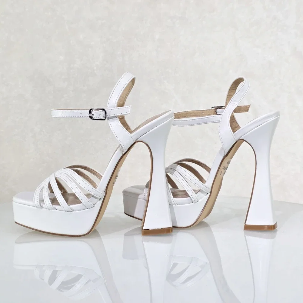 NIB Posh White Matte Spool High Heels Ankle Strap Open Toe Sandals Shoes